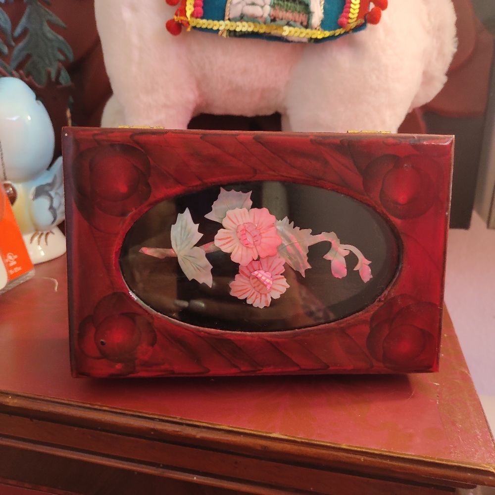 Vintage Red Lacquer and Abalone Flowers Keepsake Box